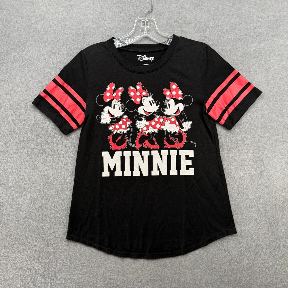 Disney Minnie Mouse Graphic T-Shirt Black Red Varsity Stripe Small JT20107